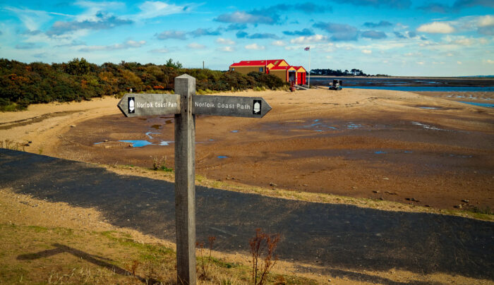 Norfolk Coast Path waymarker with National Trails acorn symbol