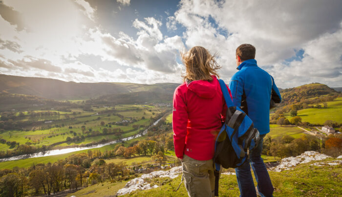 Walkers on Offa's Dyke Path overlooking Vale of Llangollen