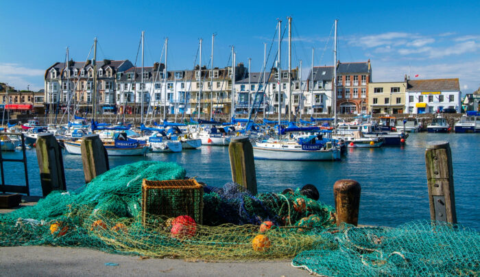 Moored yachts and sailing boats in the harbour of Ilfracombe, Devon