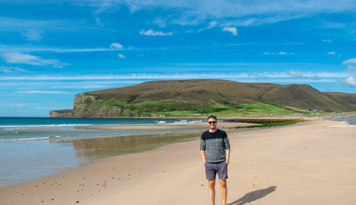 Scott from the Absolute Escapes team at Rackwick Bay, Isle of Hoy, Orkney