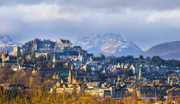 Stirling Castle and the Ochil Hills in winter