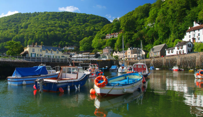 Fishing boats moored in the harbour of Lynmouth, Devon