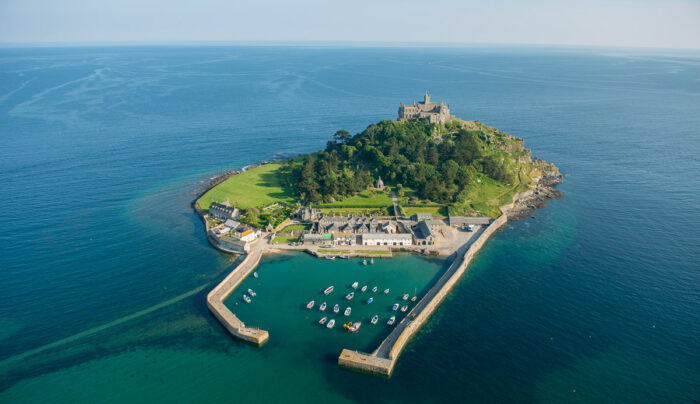 St Michael's Mount, a historic fortified building on a rocky outcrop in Marazion bay, off the coast of Cornwall