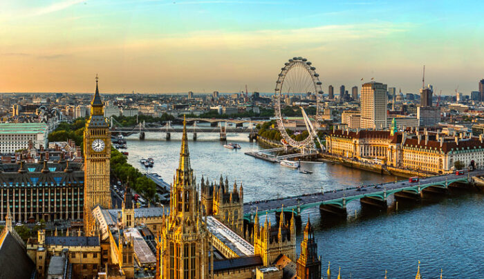 View of the Houses of Parliament, the River Thames, Westminster and Westminster Bridge in London