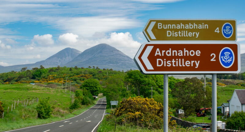 Road sign on Islay with Paps of Jura in background