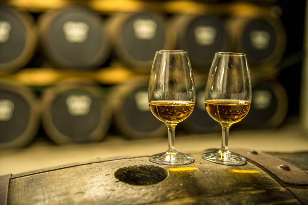 Two glasses of whisky standing on an oak barrel, Muir of Ord, Highland, Scotland